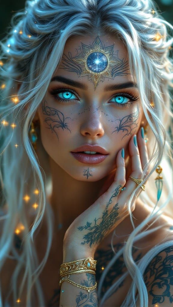 Enchanting Mystic Woman with Radiant Silver Hair and Celesti...