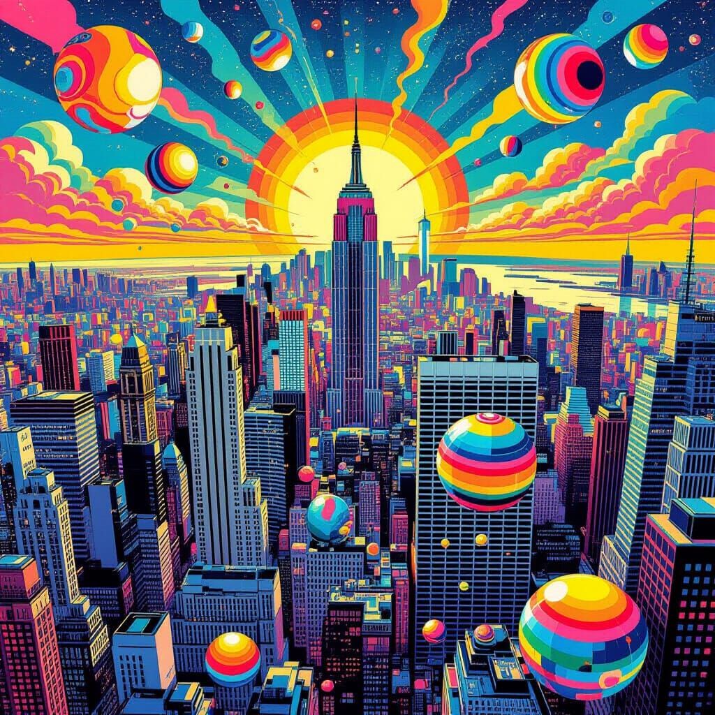 Surreal Metropolis of Spheres in Psychedelic Art Style