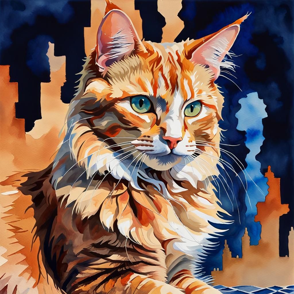 Ginger Cat Amidst Majestic Blue Skies in Epic Impressionist...