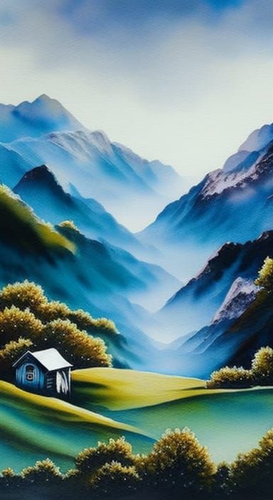 Moody, epic landscape, lonely cabin, Watercolor, watery, wat...