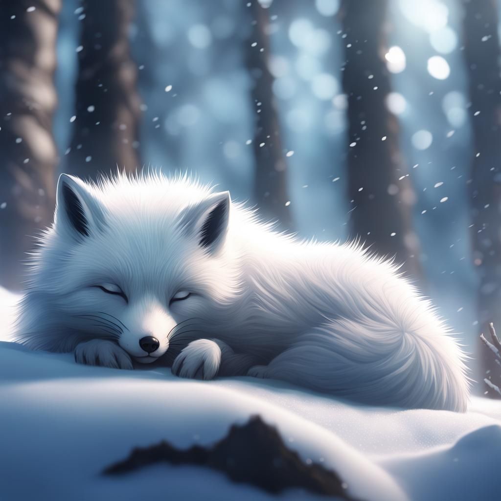 Arctic Fox Slumbers in Snowy Enchanting Landscape