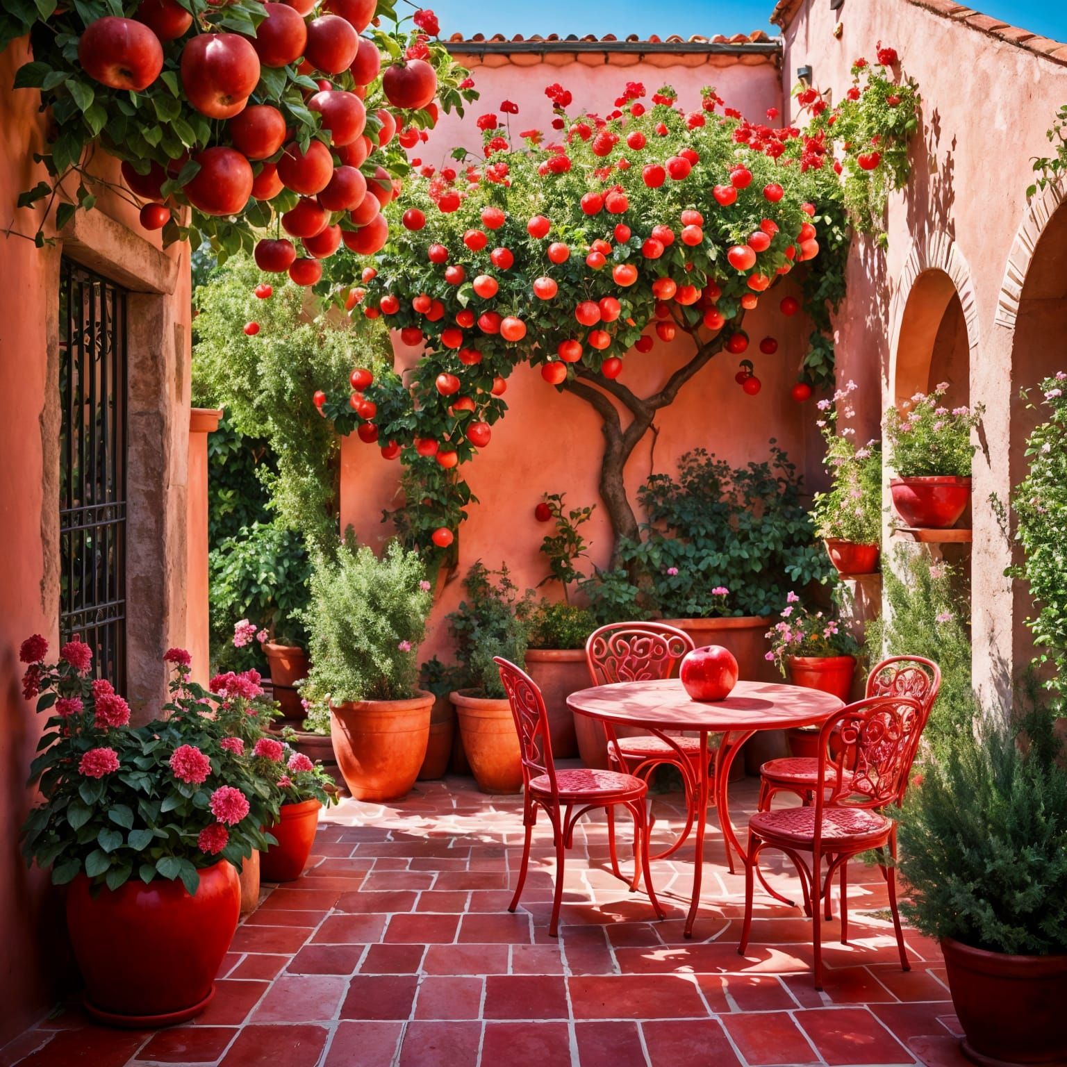Vibrant Italian Courtyard Garden in Splendid Red and Pink