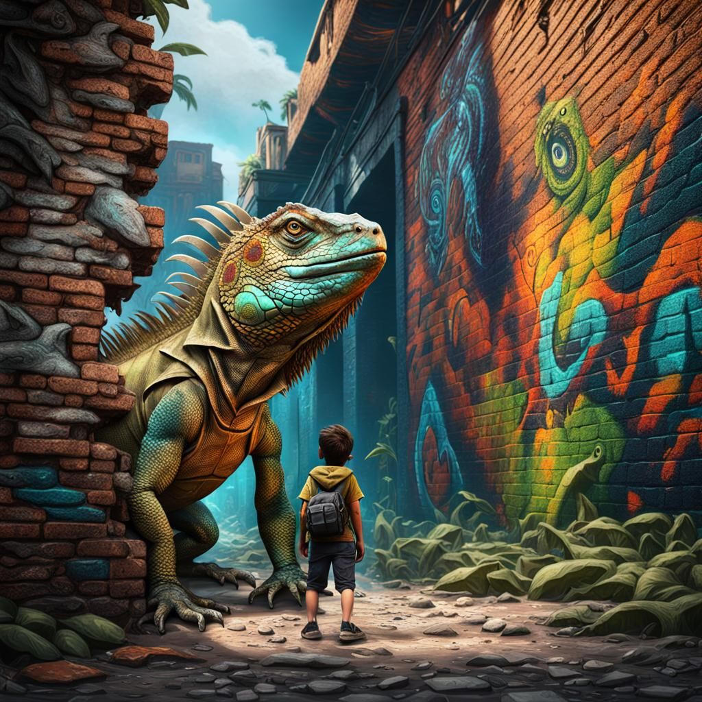 Fantastical Iguana Breaks Free in Neon Street Art
