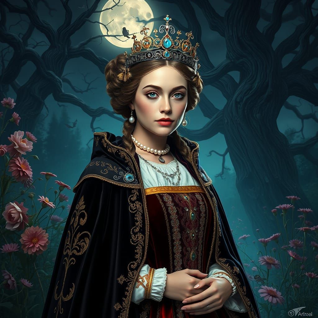 Regal Tudor Princess in Moonlit Garden