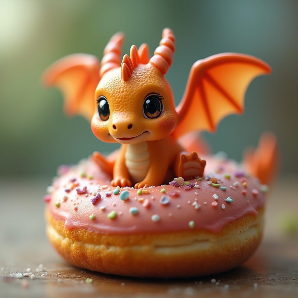 Cute Miniature Dragon Sits Atop a Donut
