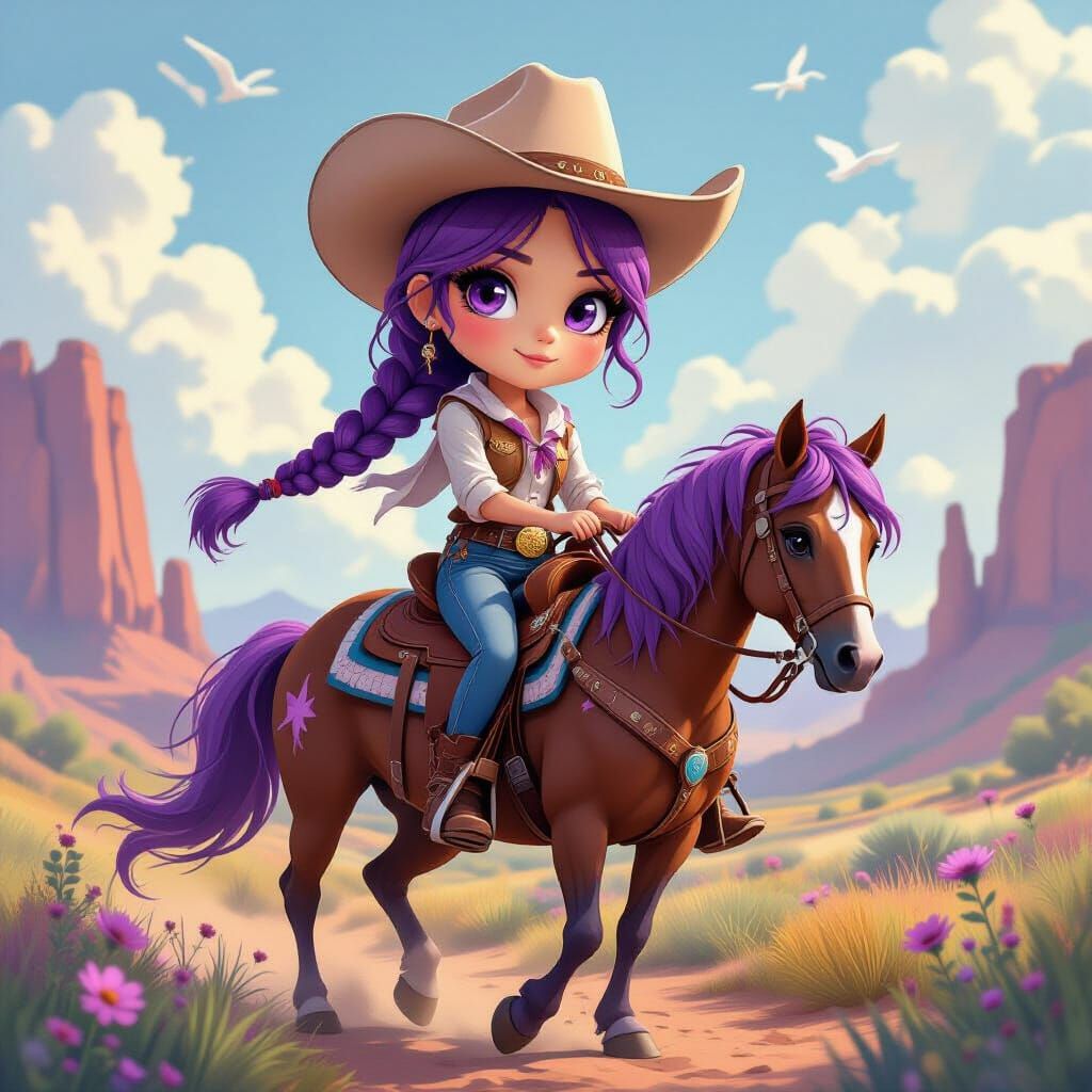 Cowgirl with Purple Hair on Mustang in Fantasy Landscape