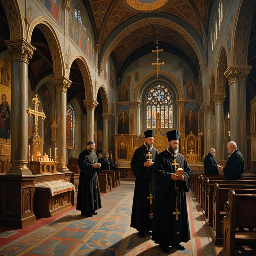 Solemn Church Interior Depicts Unity Amidst Catholic and Ort...