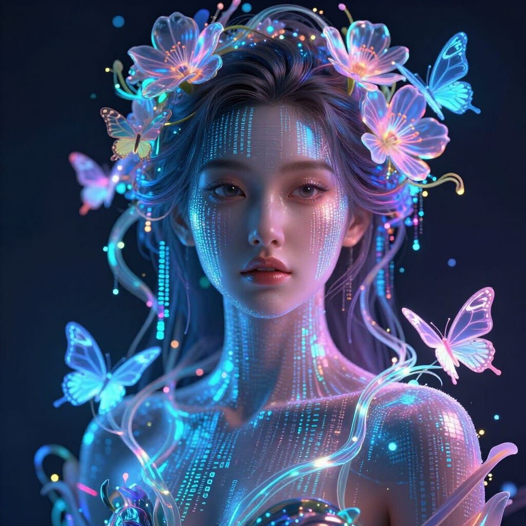 Futuristic Woman of Code Amid Holographic Flora