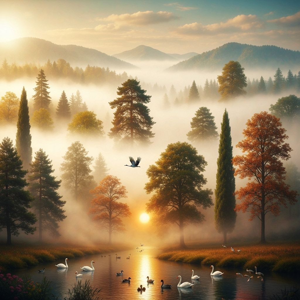 Ethereal Foggy Forest Landscape with Crane and River