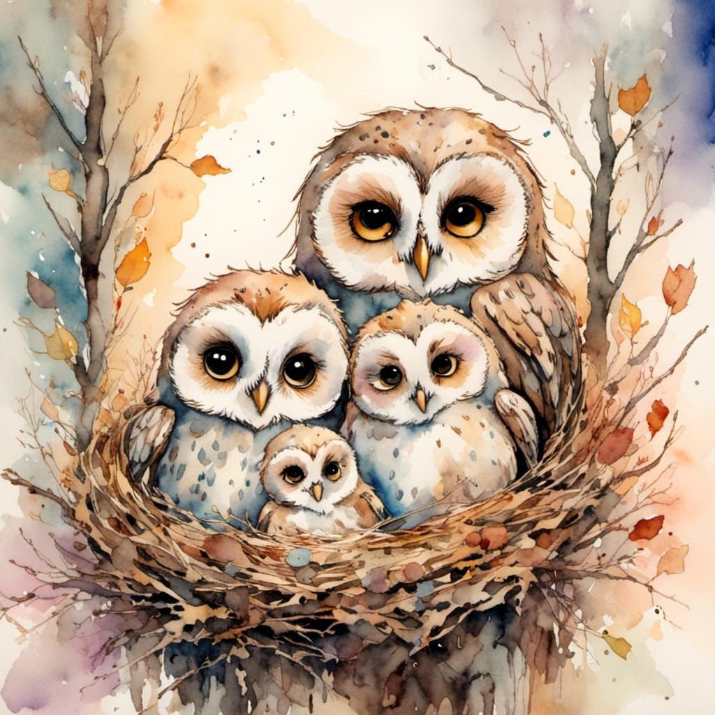 Whimsical Watercolor Nest Scene with Owl and Baby Owls