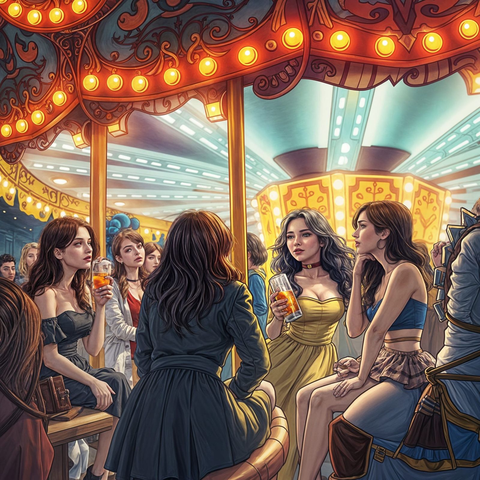 Drunk Women on Carousel at Night: Comic Illustration Style