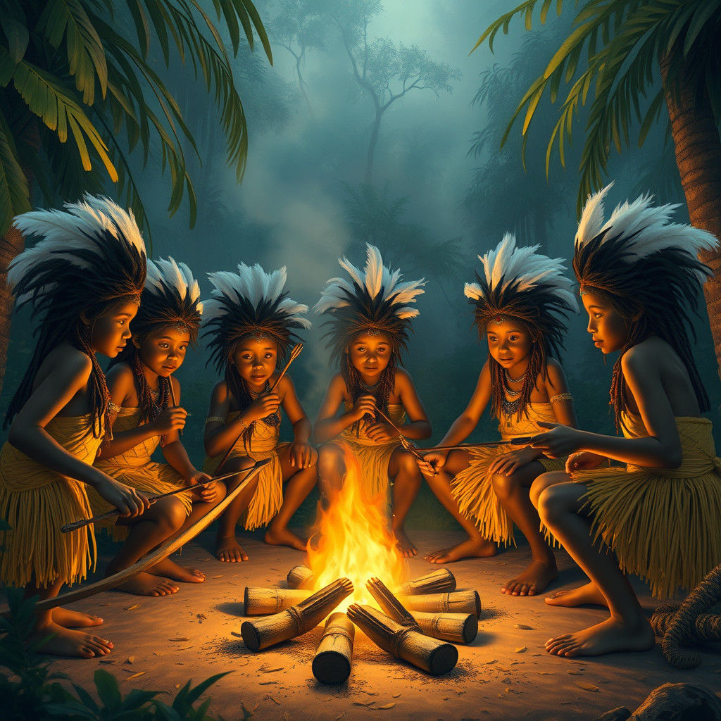Pygmies Gather Around a Golden Fire in a Whimsical Jungle Vi...