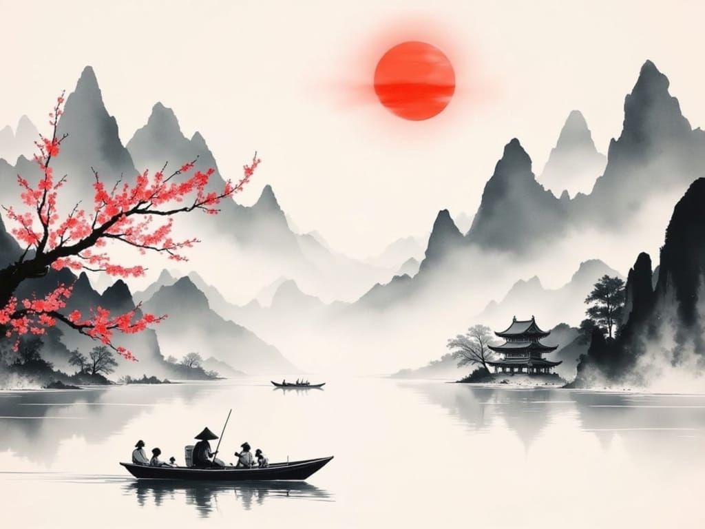 Surreal Japanese Landscape in Traditional Chinese Ink Painti...