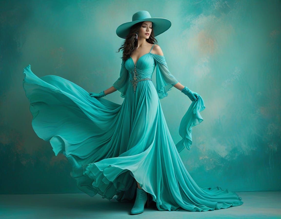 Turquoise Goddess in Dreamlike Landscape