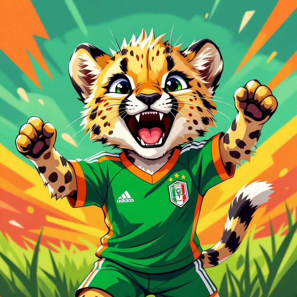 Excited Baby Cheetah Soccer Player Illustration