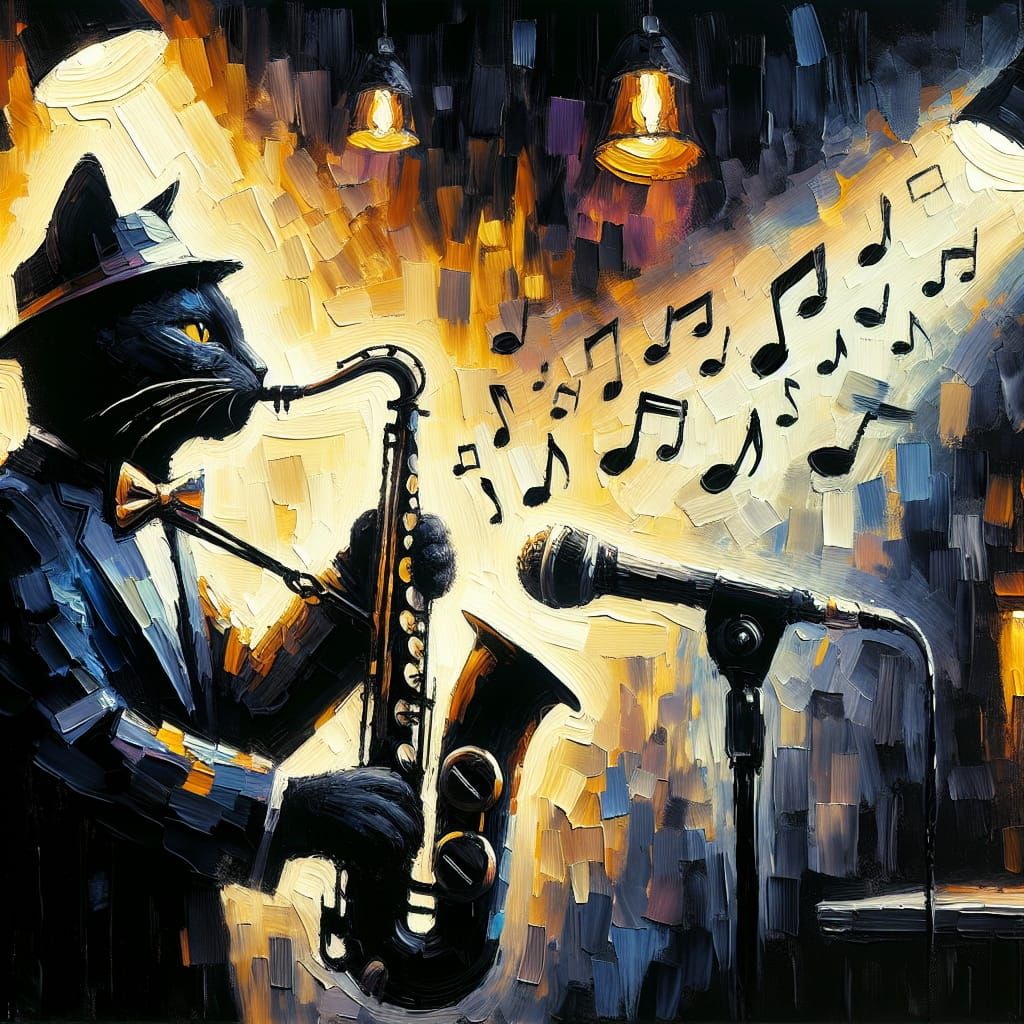 Soulful Jazz Cat in Low-Lit Jazz Bar, Palette Knife Oil Pain...