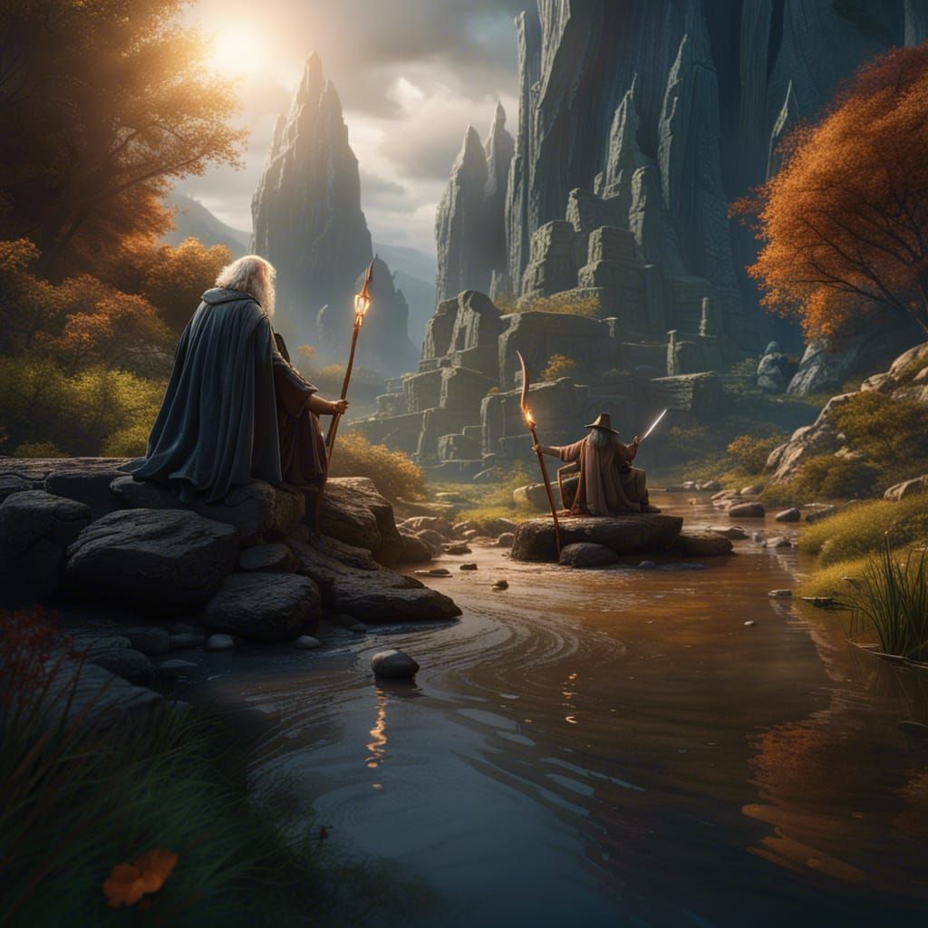 Epic Dark Fantasy Realm with Gandalf and Frodo Under Celesti...