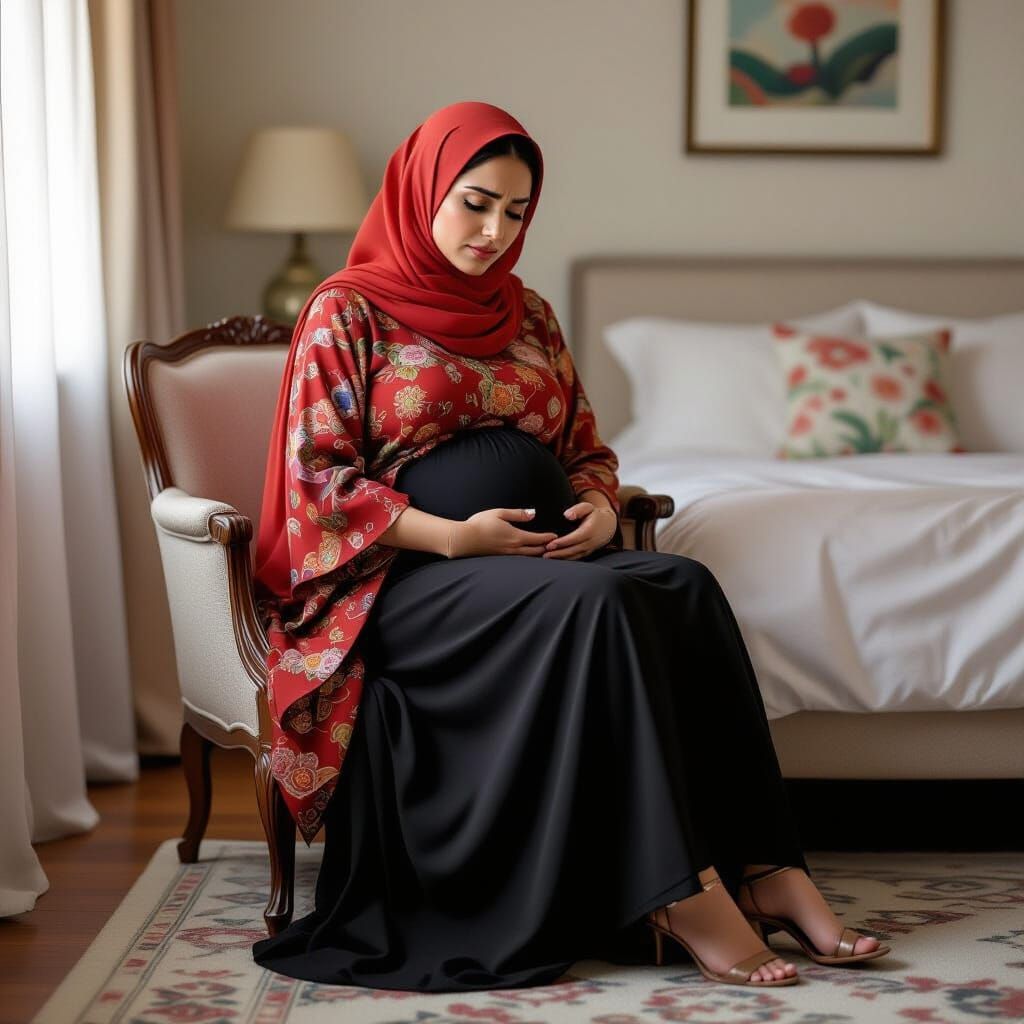 Pregnant Muslim Woman in Pain: Photorealistic Portrait
