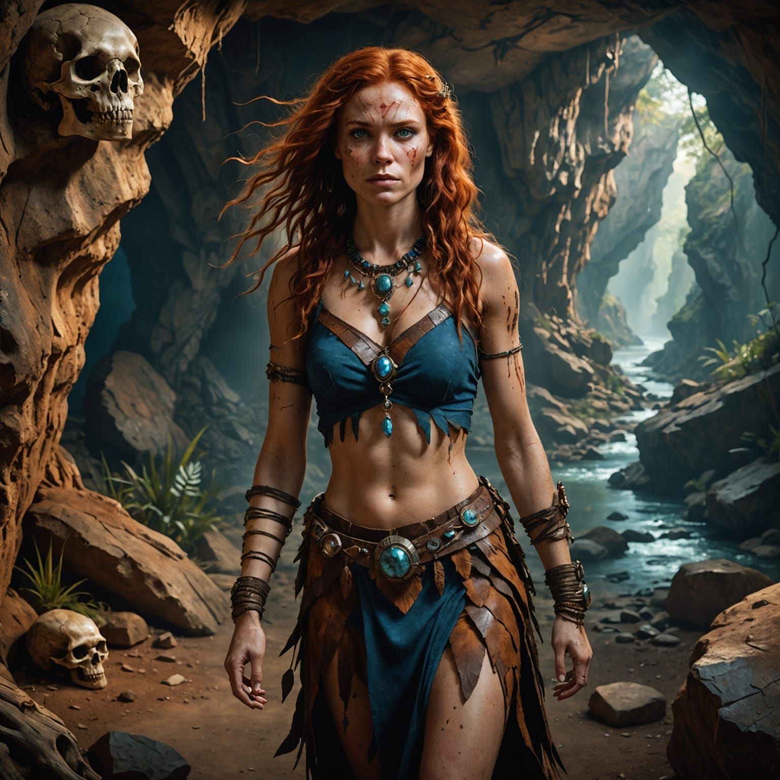Cave Woman in Bone Jewelry, Detailed Matte Painting