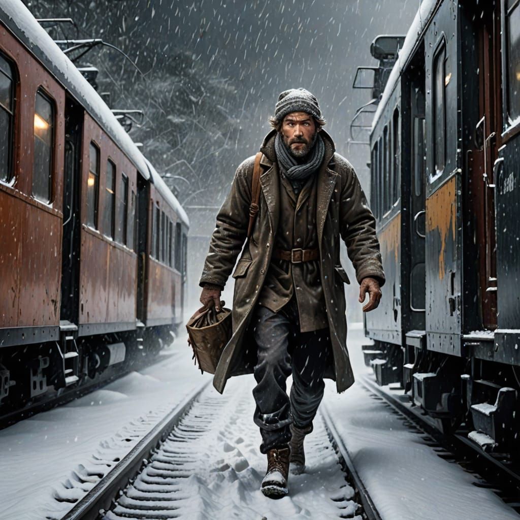 Hobo Boards Train During Snowy Winter Escape