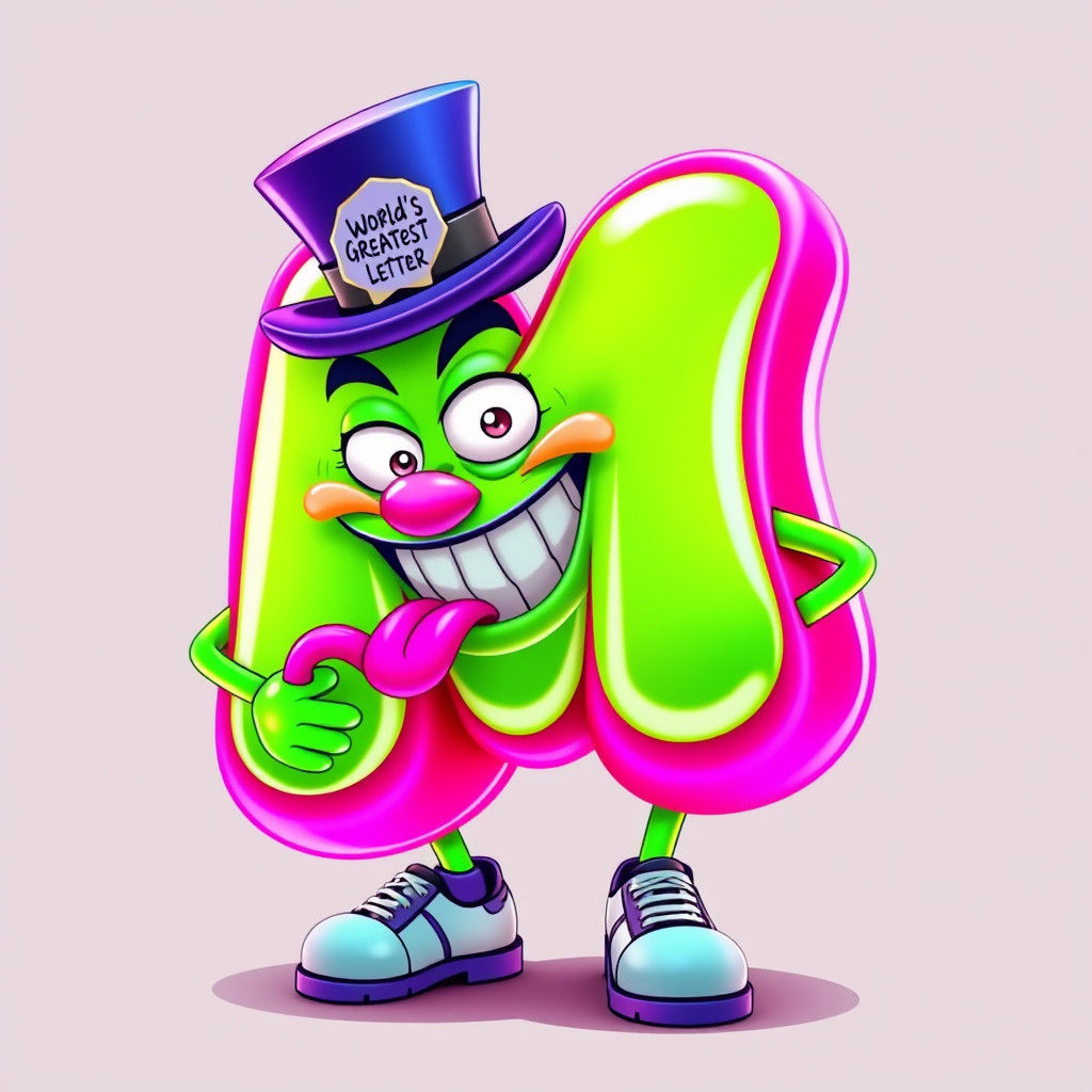 Vibrant Anthropomorphized Letter 'M' in Exaggerated Cartoon....