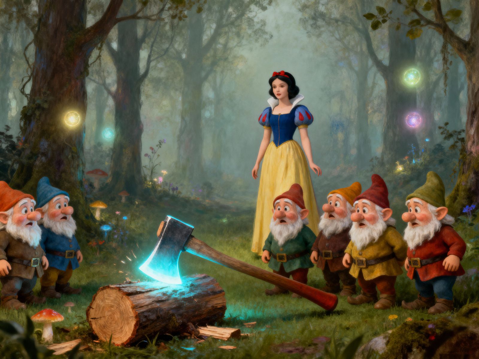 Surreal Snow White Painting with Magical Axe in Enchanted Fo...