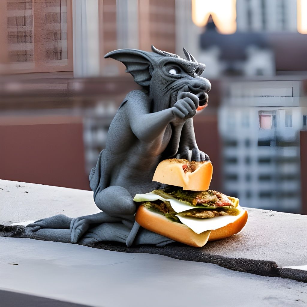Gargoyle Enjoying Rooftop Sandwiches