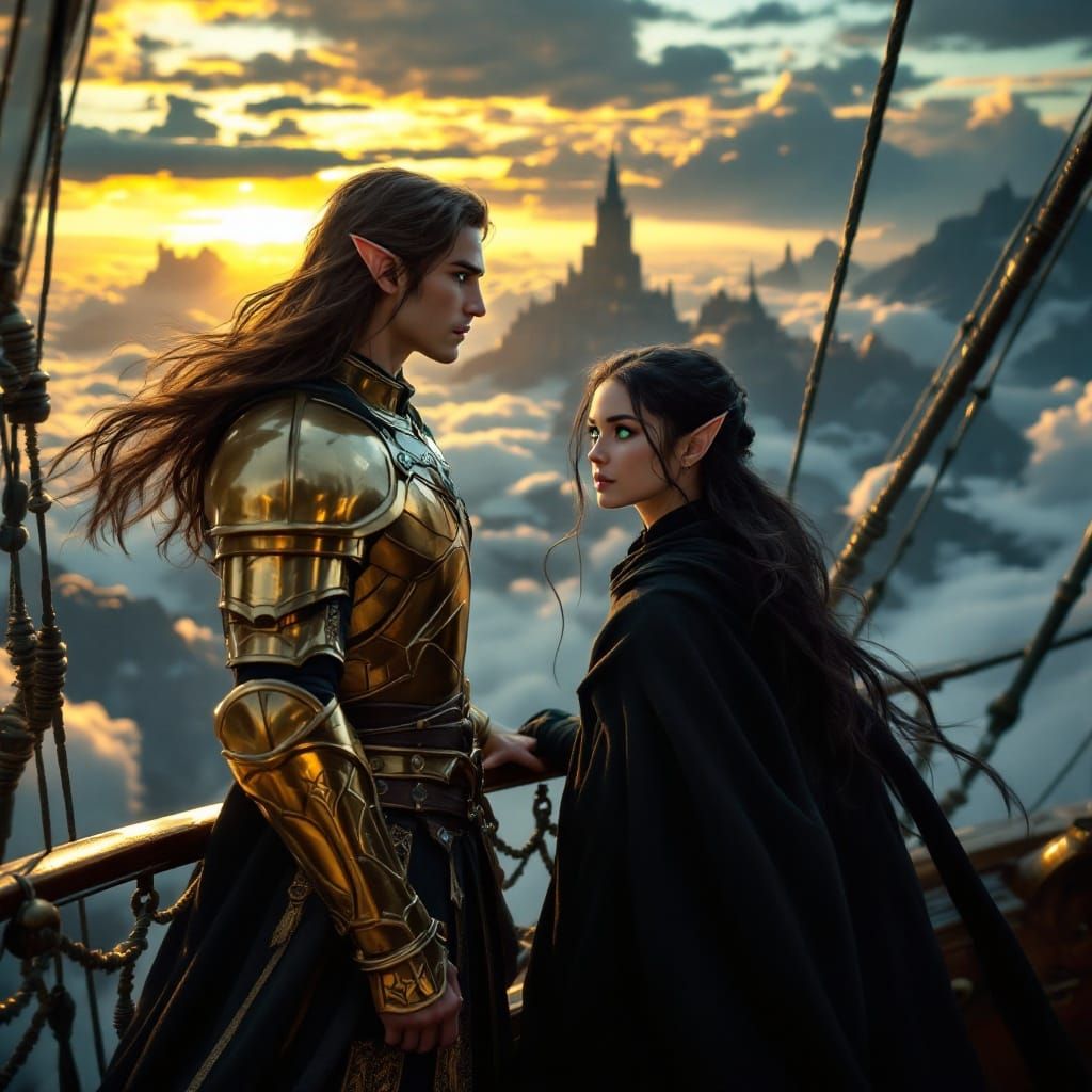 Ethereal Elf Lord Stands at Airship Rail Beside Enigmatic El...