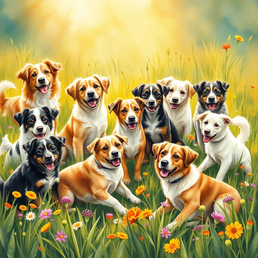 Charming Dogs in Whimsical Watercolor Landscape