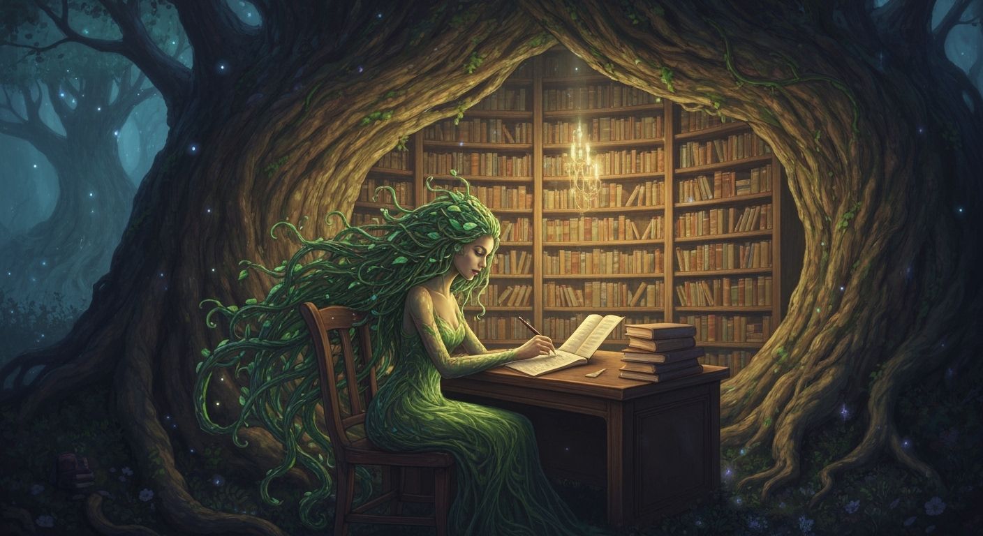 Enchanted Tree Library with Luminous Books