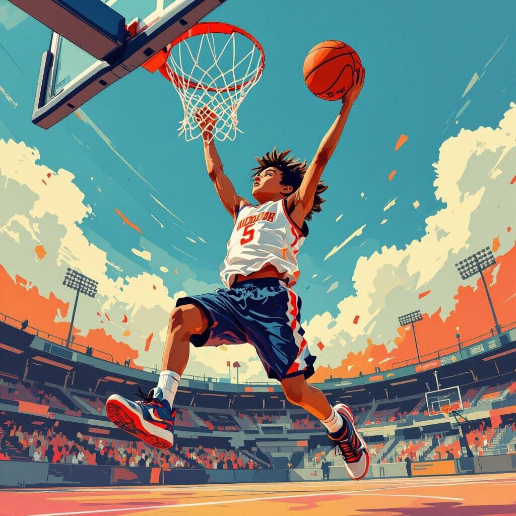 Boy Dunking Basketball in Stadium, Expressive Style