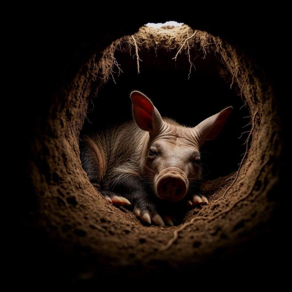 Photorealistic Aardvark Sleeping in Cosy Burrow