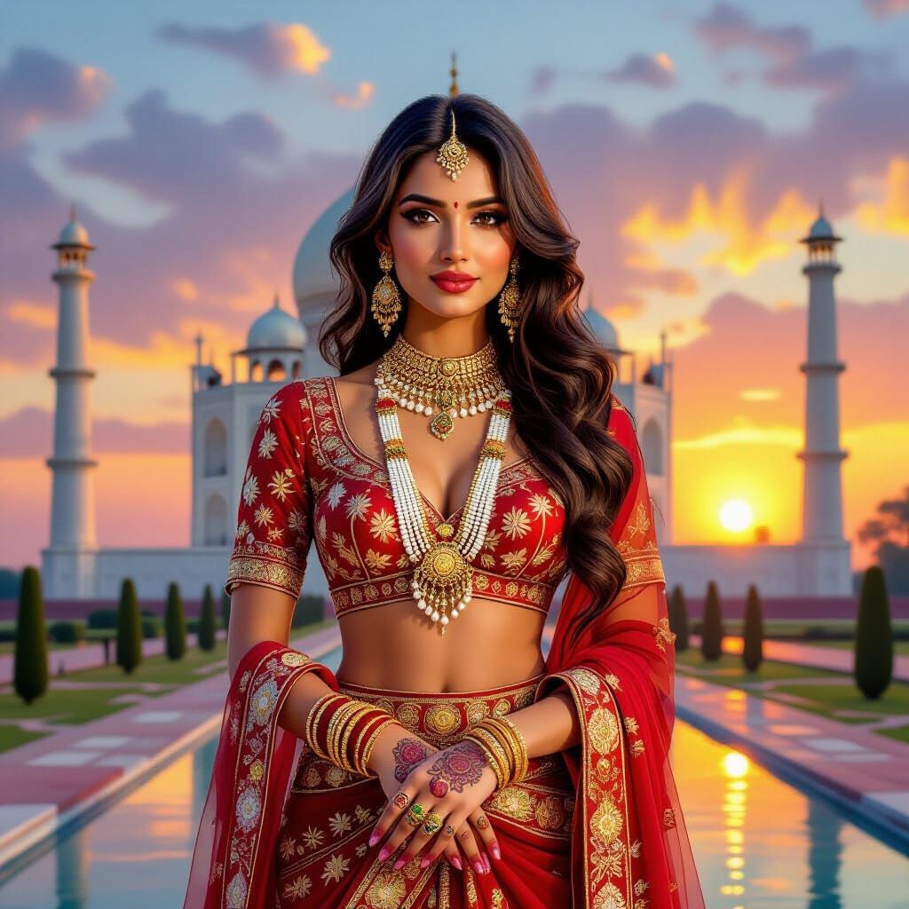 Indian Model in Ethnic Wear with Henna and Floral Jewelry