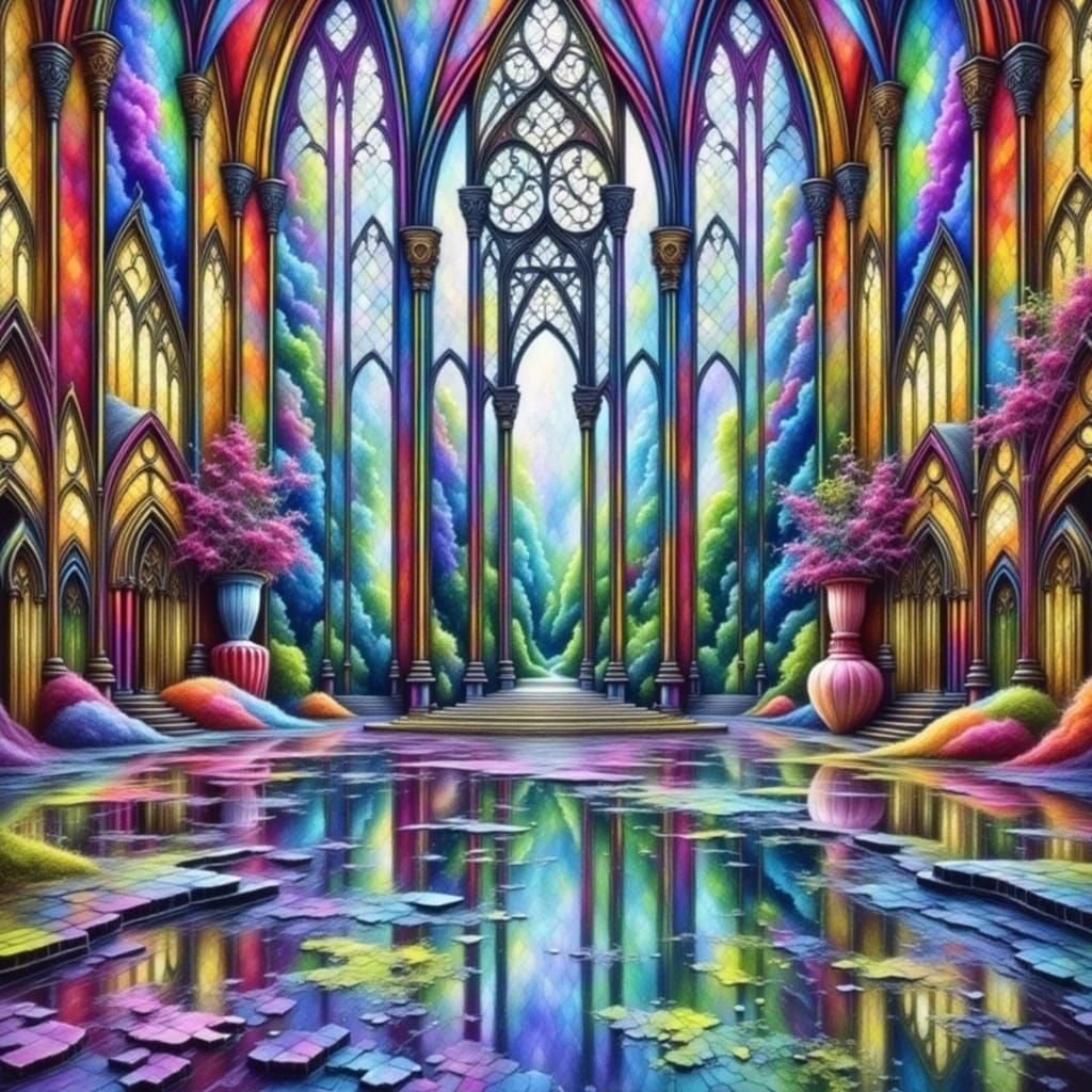 Majestic Glass Cathedral with Stained Glass Arches