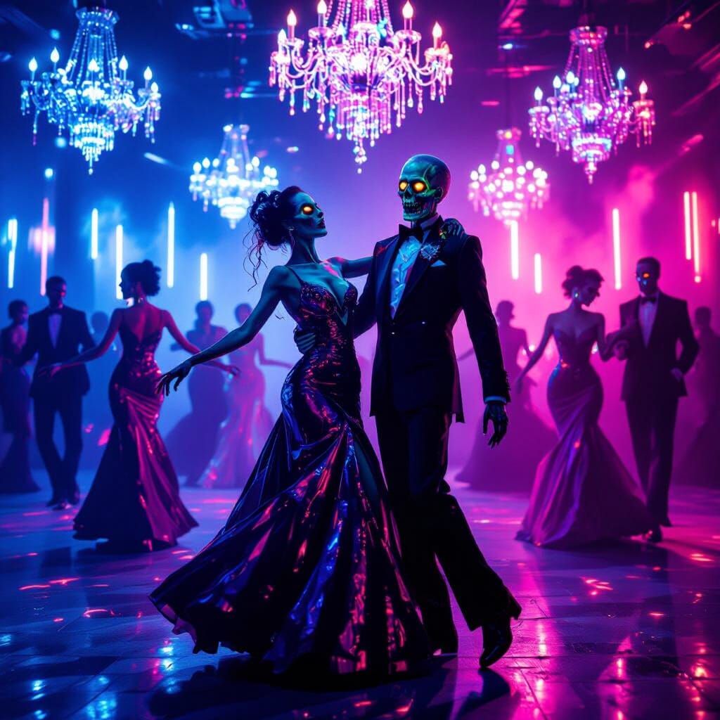Surreal Neon Zombie Ball: Undead Dancers in Ethereal Light