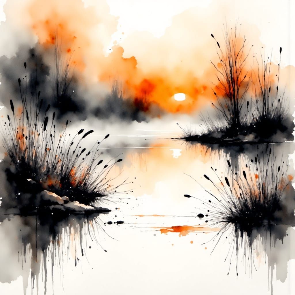 Vibrant orange sunset. Lake on a misty morning, bullrushes on the edge of the lake...