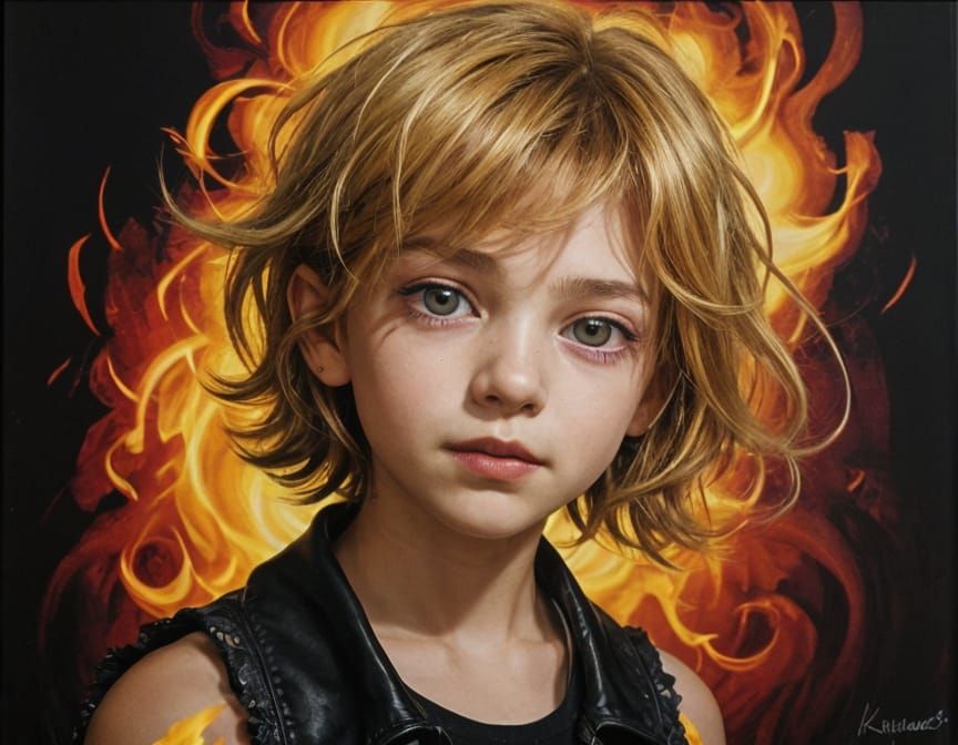 Grunge Boy with Fiery Aura Oil Painting