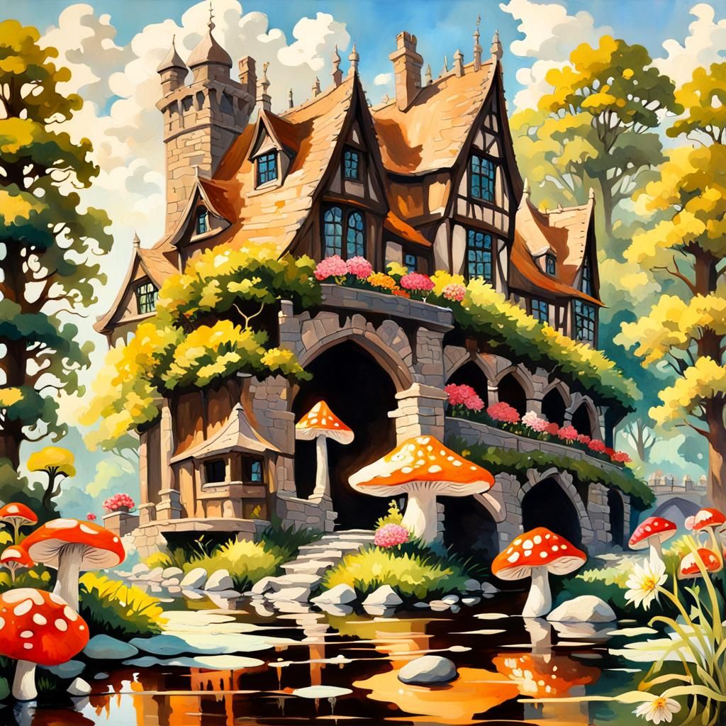 Tudor Tavern Paradise Amidst Vibrant Toadstool and Lily Pond...