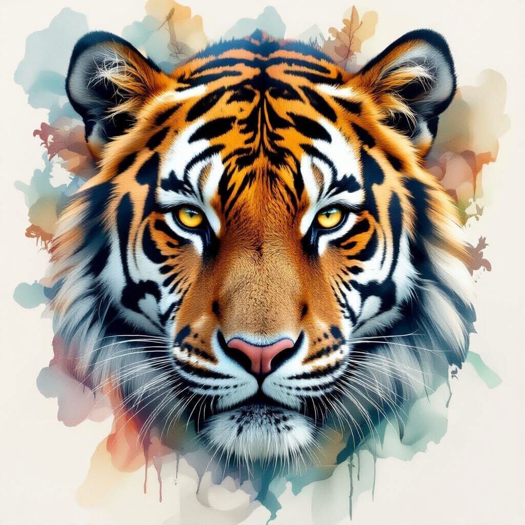 Double Exposure Tiger Portrait in Watercolor Style