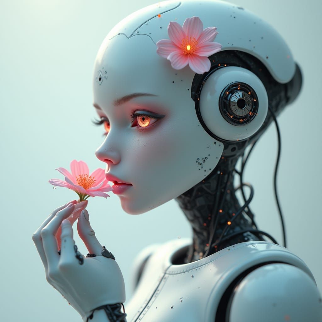Robot Woman with Floral Makeup in Digital Art Style