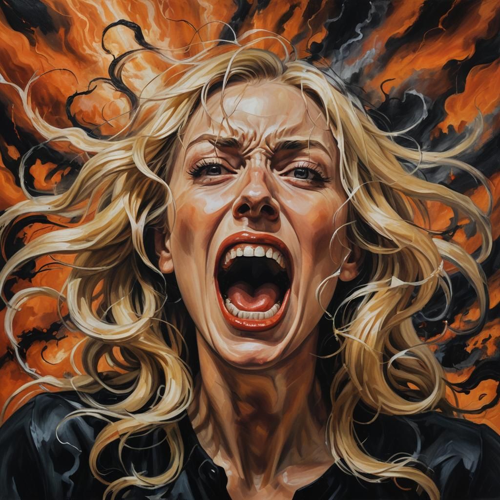 Surreal Woman Consumed by Dark Emotions in a Chaotic Storm