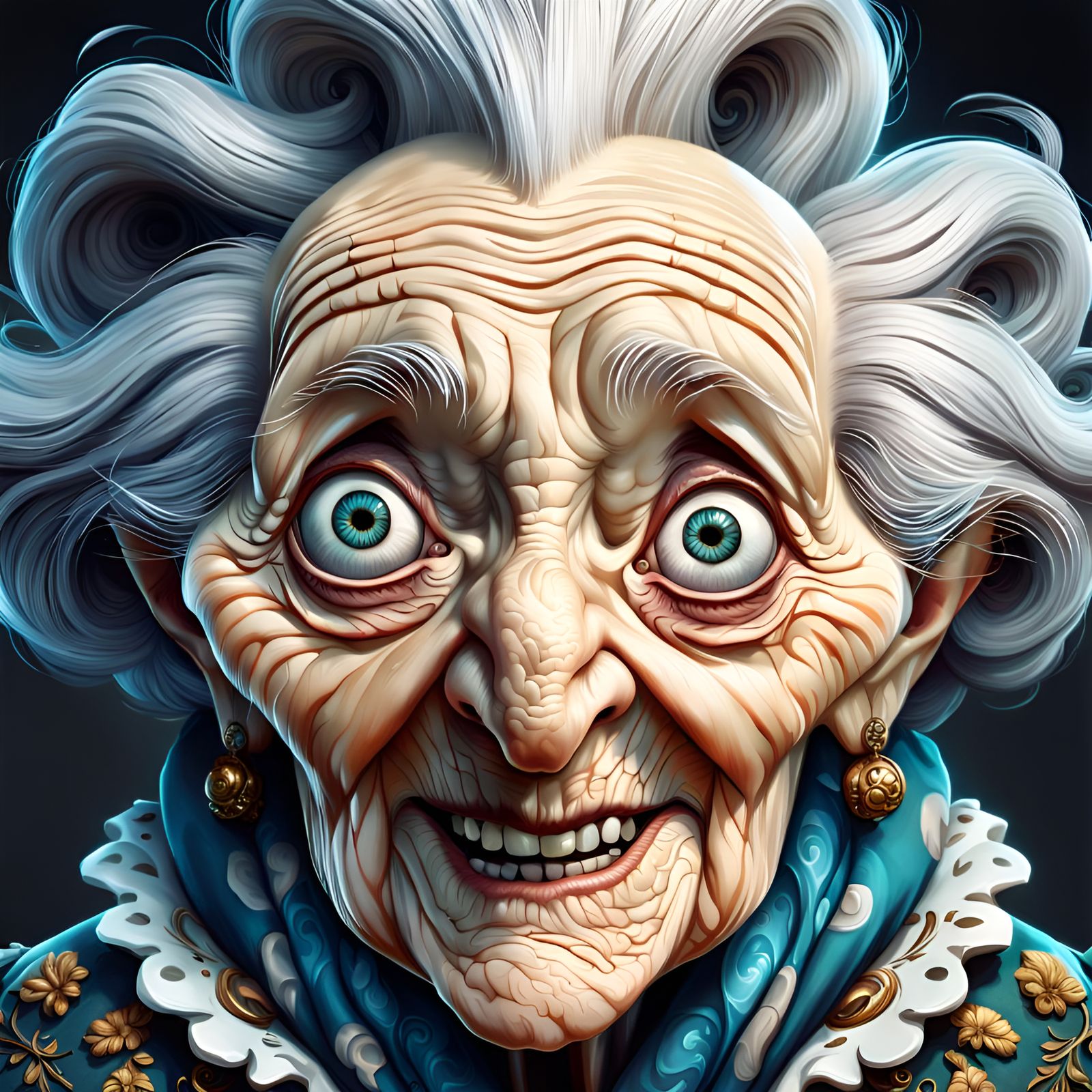 Baroque Grandma Radiates Joy in a Dreamlike Landscape