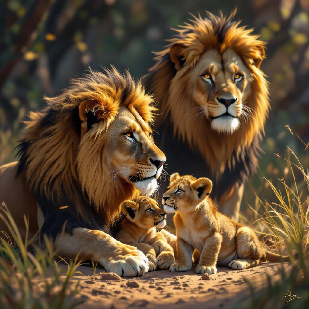 Lioness Feeding Cubs in Majestic Pride Landscape