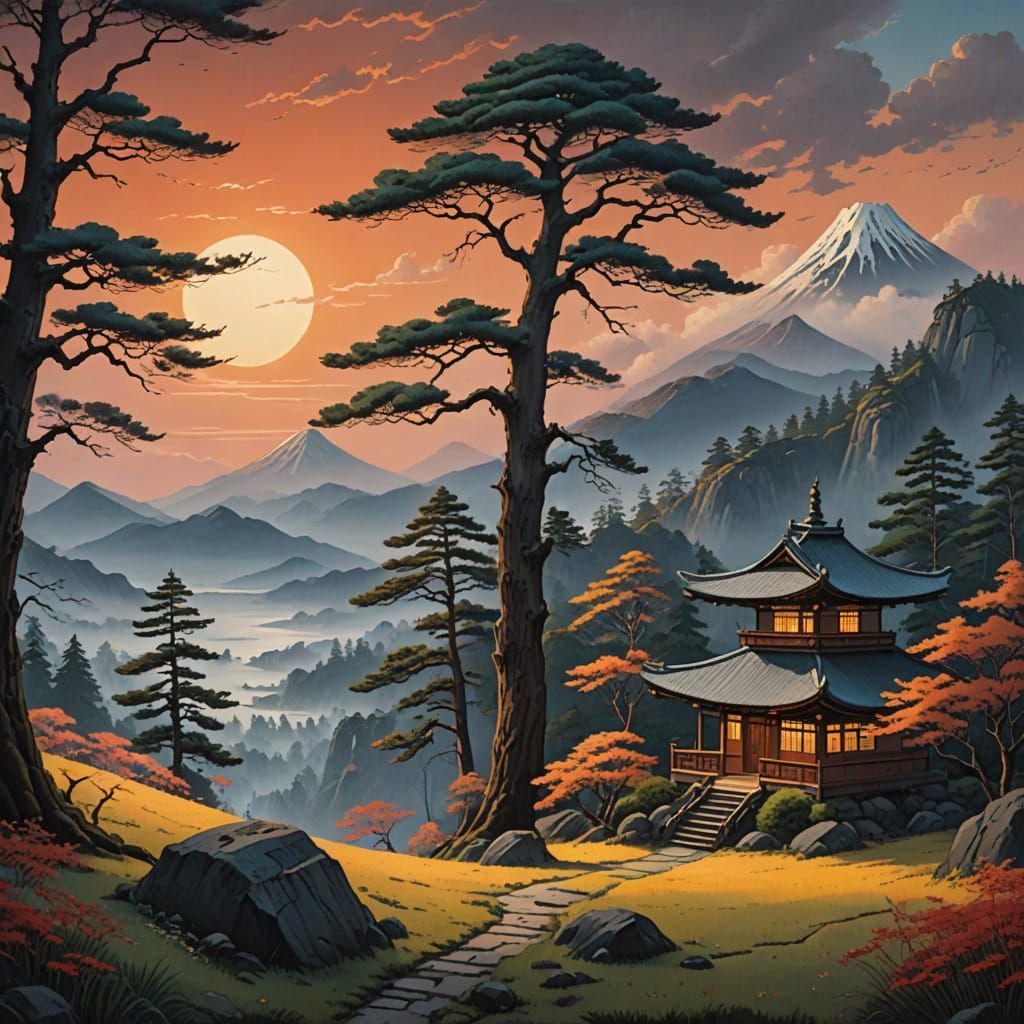 Mystical Japanese Twilight Wanderer in a Gnarled Landscape