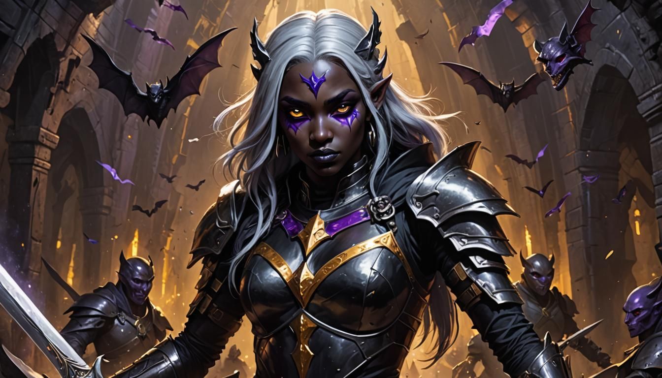 Dark Fantasy Drow Warrior in Gothic Caverns
