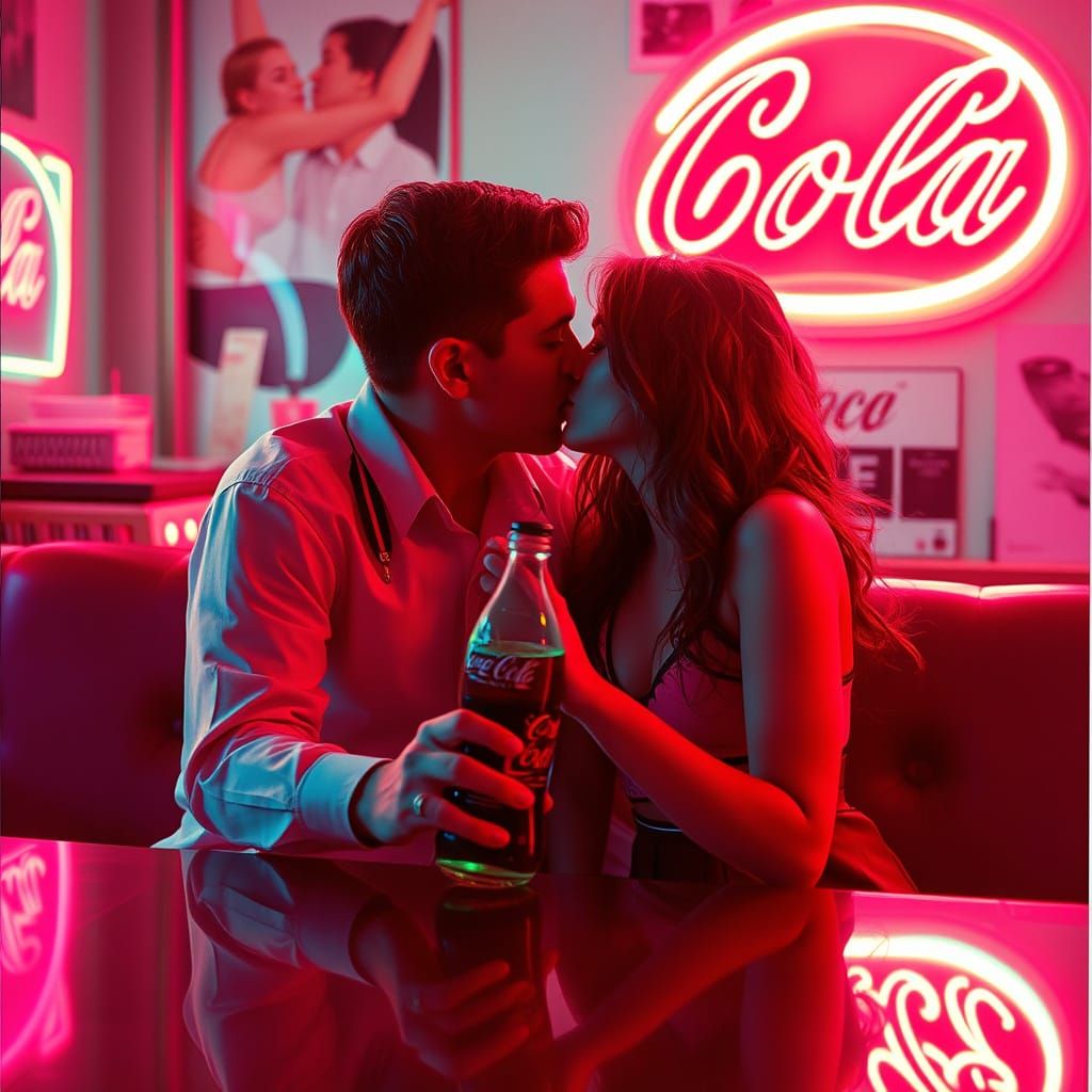 Retro Synthwave Love Scene in Neon Coca-Cola Ad
