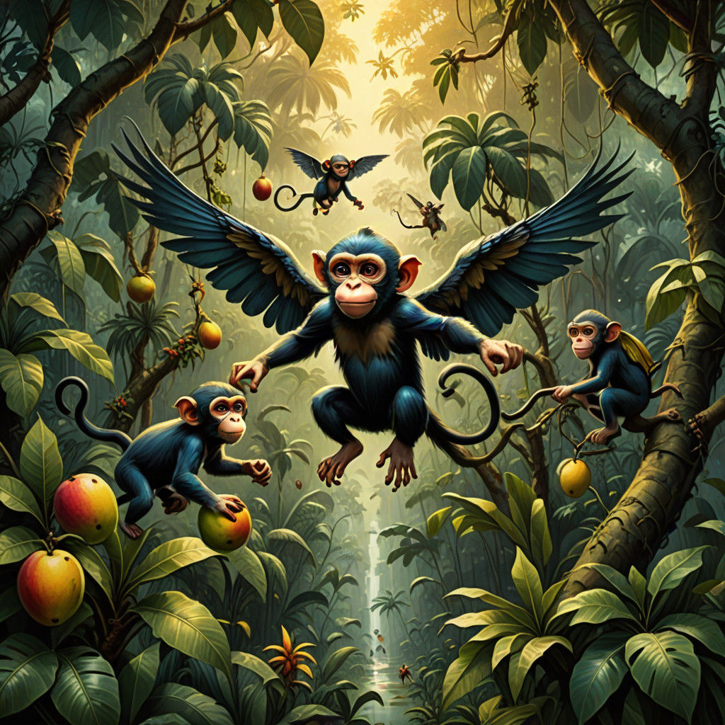 Winged Monkeys Reach for Mangoes in Dark Jungle