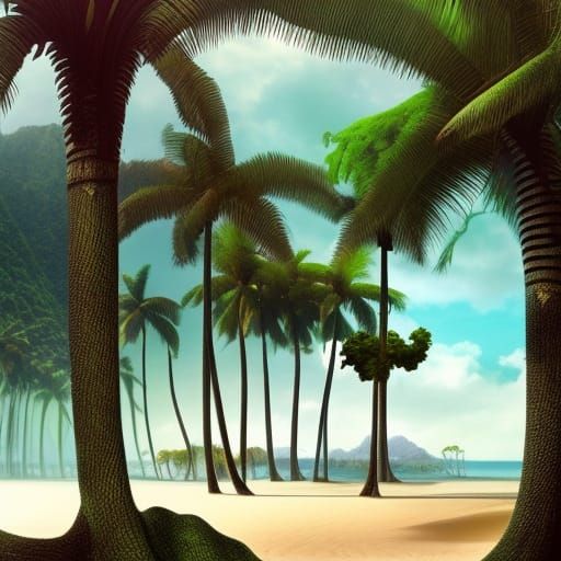 Epic Beach Scene with Palms and Distant Planet