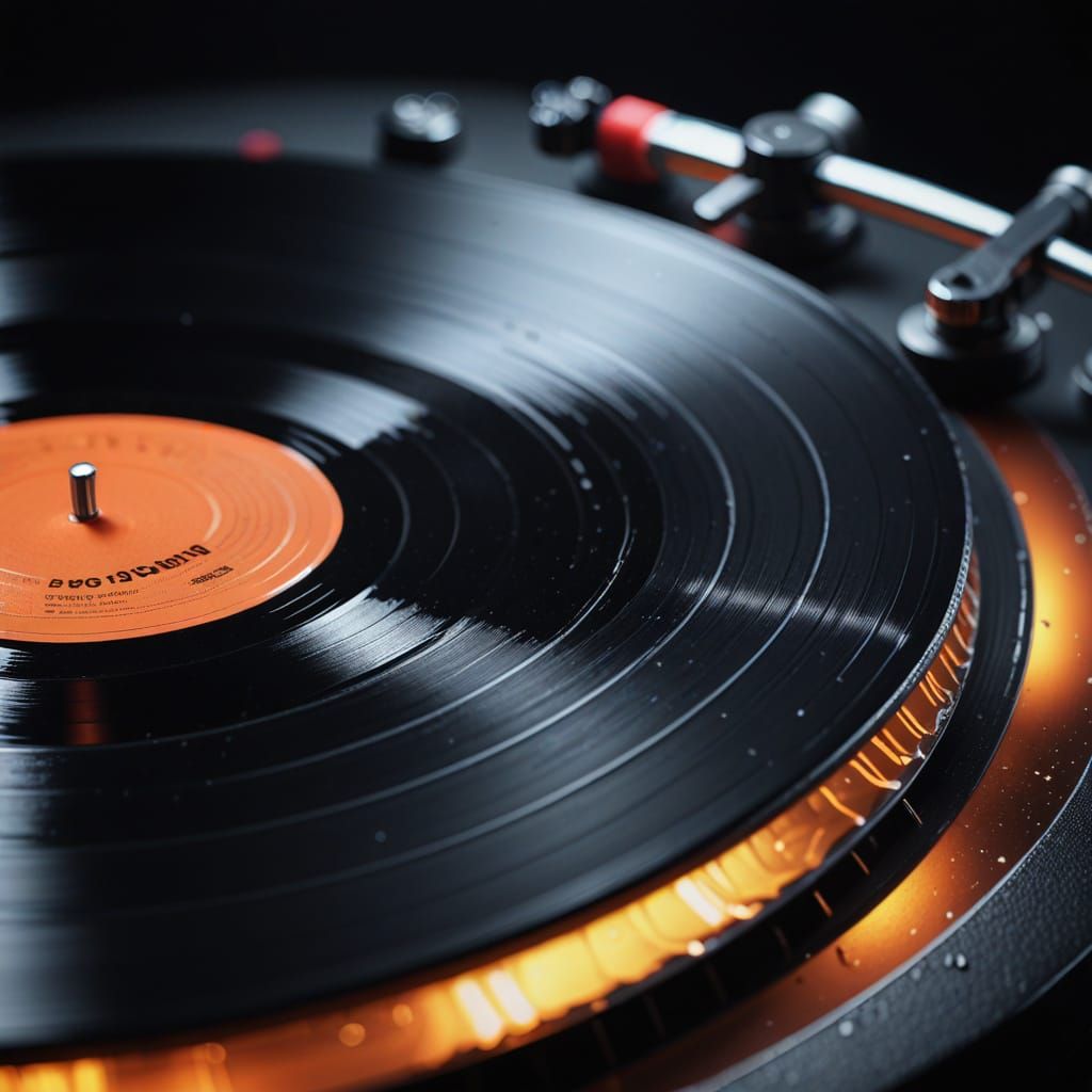 Macro photography. A super detailed look at the grooves of a vinyl record. Dust motes float in the air. Studio lighting,...