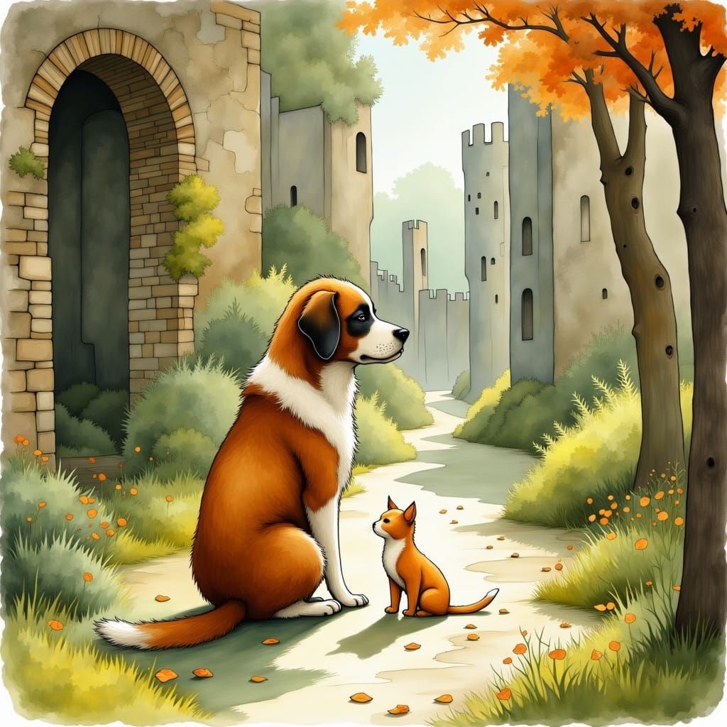 Courtyard Scene of a St. Bernard Dog, Calico Cat, and Orange...